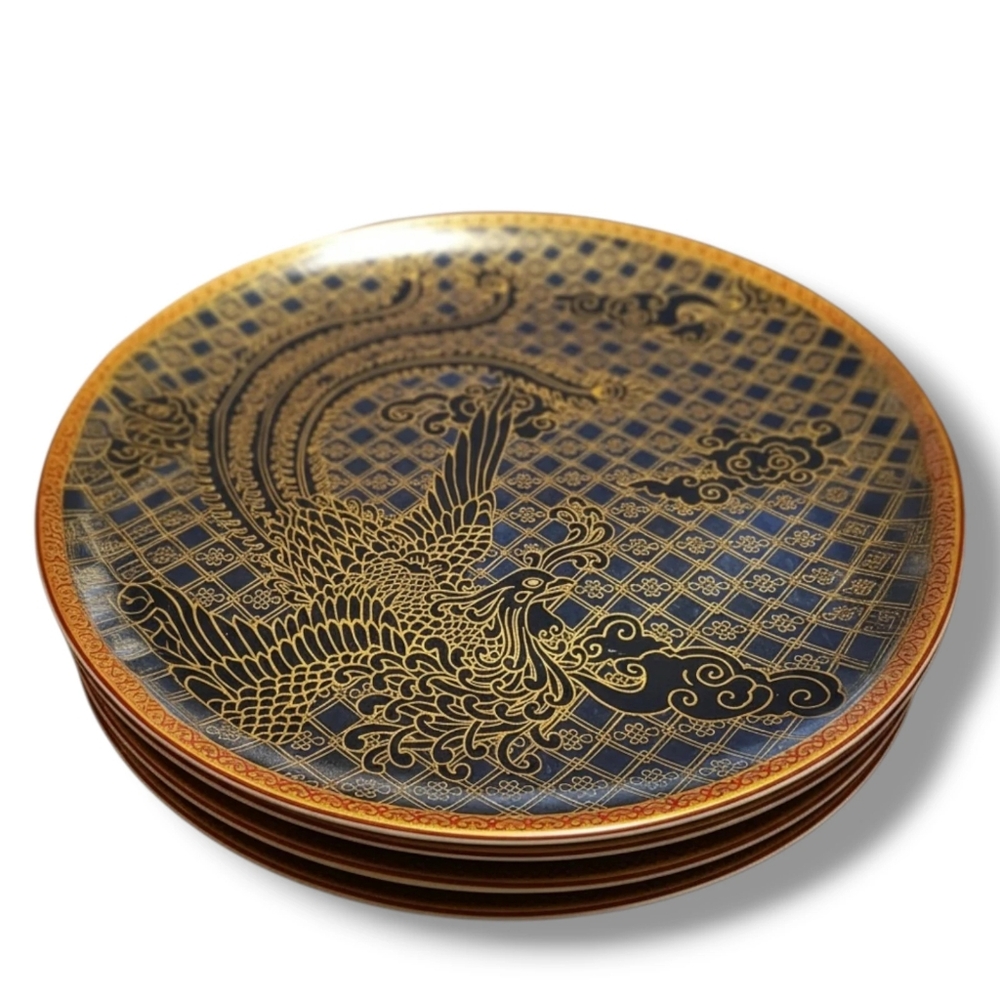 Williams Sonoma Lunar New Year Rare Retired Blue Phoenix Dinner Plates Set of 4